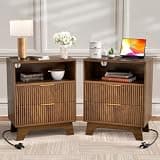 Cibert Walnut Fluted Nightstand Set of 2 with Charging Station, 2 Drawer Open Storage Small Bedside Table, Faux Marble Top, 2 AC & Dual USB Modern Wood End Table for Bedroom Living Room