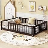 Bellemave Full Size Montessori Bed Frame with Fence,Solid Wood Floor Bed with Slats for Kids,Boys,Girls,No Box Spring Needed,Espresso