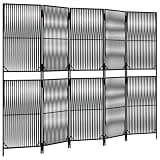 5 Panel Black Poly Rattan Room Divider, Folding Privacy Screen with Powder-Coated Steel Frame, Line Weaving Design for Indoor Outdoor Use, Easy to Clean and Foldable Partition