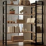 INNOD 5-Tier L-Shaped Corner Bookshelf LED Lights, Convertible Industrial Bookcase in Rustic Brown