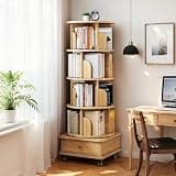 BIGTO Bookcase 18.1"*18.1"*55.9", Oak MDF 5 Tier Rotating 360° Display Round Spinning Bookshelf with Wheels and Drawer Home Furniture