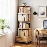 LOVEZOE 5 Tier Rotating Bookshelf, 360 Degree Round Spinning Bookcase with Wheels, Space Saving Storage Tower for Bedroom Living Room Home Office, Wood Color
