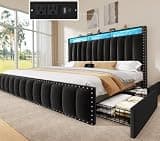 YITAHOME King Size Bed Frame with 4 Storage Drawers and RGB LED Lights, Velvet Upholstered Platform Bed with Charging Station and Bookcase Storage, No Box Spring Needed, Easy Assembly, Charcoal Black