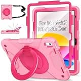 HRFSK Case for iPad (A16) 11th/10th Generation 11/10.9 Inch 2025/2022 with Screen Protector/360° Rotate Stand/Pencil Holder/Shoulder Strap, Shockproof iPad 11th/10th Gen Cover (Pink+Rose Red)