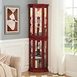 BIGTO Corner Curio Cabinet Lighted Corner Display Shelf,Cherry MDF&Glass Bar Cabinet 15.35"*15.35"*69.6" Home Furniture