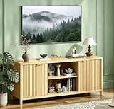 VINGLI 57.8" TV Stand for 70 Inch TV, Mid Century Modern Media Console with Adjustable Shelves and Cabinet Storage, Elegant Entertainment Center for Living Room, Oak