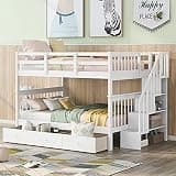 ABH Full Over Full Bunk Bed, Bunk Bed with Stairs, White Wood Bed Frame with Storage Shelves, Convertible Full Size Kids Bed, Guardrail, 14 Slats Per Bed