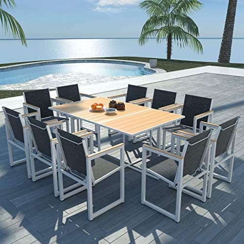11 Pcs Outdoor Patio Dinning Set 1 Table + 10 Chairs Outdoor Furniture Set Aluminum WPC Brown