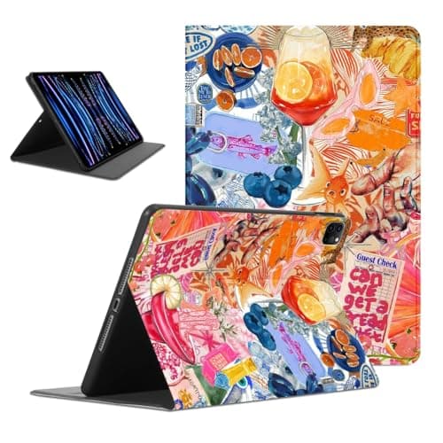 Mrtponk Aesthetic Summer Beachy Tropical Tablet Case for iPad Pro 11 2021/2020/2018 11", Hawaiian Fruit Goldfish Boot Collage Pattern Cover for Girls Boy, Soft TPU Protective PU Leather Flip Cases