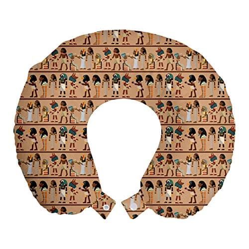 Ambesonne Egyptian Print Travel Pillow Neck Rest, Egyptology Mythological Cartoon Characters Archeology History Illustration, Memory Foam Traveling Accessory for Airplane and Car, 12", Multicolor