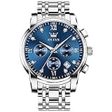 OLEVS Men's Diamond Watches Blue Dial Roman numerals Chronograph Watches for Men Stainless Steel Band Fashion Luminous Hands Multi-Function Quartz Watch Water Resistant Silver Tone Men Watch with Date