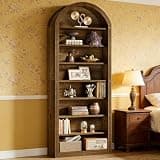 BIGTO Farmhouse Bookcase 31.5"*11.8"*78.8", Oak MDF Generous Closed Back Design Bookshelf,Arched Display Shelving Home Furniture