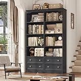 FINETONES 71" Black Bookshelf with 4 Drawers, 6-Tier Double Wide Bookshelves and Bookcases with Storage, Tall Bookshelf Large Open Bookshelves Standing Book Cabinet for Home Office, Black
