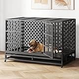 HIWOKK 48 Inch Heavy Duty Indestructible Dog Crate Steel Escape Proof, Indoor Double Door High Anxiety Cage, Kennel with Wheels, Removable Tray, Extra Large XL XXL