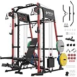 Mikolo M4 2.0 Elite Smith Machine with Weight Stack, All-in-One Home Gym Power Cage with LAT Pulldown & Cable Crossover, Squat Rack for Full Body Workouts (Red with 230LB Colored Weights Package)