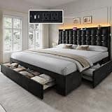 YITAHOME King Size Bed Frame with 3 Storage Drawers and LED Lights, Black