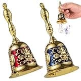 2 Pcs Hand Call Bells, Loud Crisp Sound, Copper Alloy Handheld Service Bell, Vintage Dinner Bell with Blue Gold and Red Gold, 4.4 in Wedding Bells, Christmas Bells