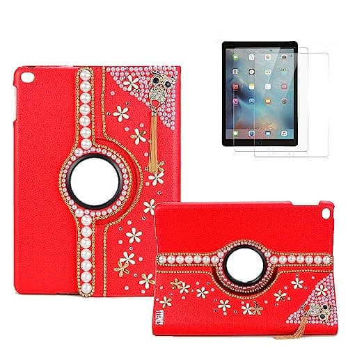 STENES Bling Case Compatible with Samsung Galaxy Tab S7 FE 12.4-inch 2021 - Stylish - 3D Handmade Night Owl Tassel Flower Floral 360 Degree Rotating Case with Smart Cover Auto Sleep/Wake - Red