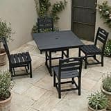 Hassyee Black HDPE Outdoor Dining Set with Square Dining Table and Umbrella Hole for Poolside, Backyard, Patio Furniture Set with Slatted Dining Chairs for Lawn, Balcony