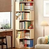Tall Corner Bookshelf, L Shaped Book Shelf with Baffle, Wooden Bookcase with Open Storage, Freestanding Display Shelf Stand for Home Office, Living Room, Bedroom, Natural