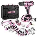 Pink Power Drill Tool Kit Set: 20V Cordless Electric Drill, Driver, Tool Box with Battery