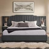 VMU Luxury King Size Bed Frame with Oversized Curved Nailhead Trim Headboard, Modern Velvet Upholstered Platform Bed with Built-in Nightstands and Reading Lights, No Box Spring Needed, Dark Grey