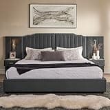 VMU Luxury King Size Bed Frame with Oversized Curved Nailhead Trim Headboard, Modern Velvet Upholstered Platform Bed with Built-in Nightstands and Reading Lights, No Box Spring Needed, Dark Grey
