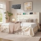 SHA CERLIN King Size Bed Frame with Charging Station, Velvet Upholstered Platform Bed, Wingback Storage Headboard, Type-C & USB Ports, Strong Wooden Slats, No Box Spring Needed, Easy Assembly, Cream