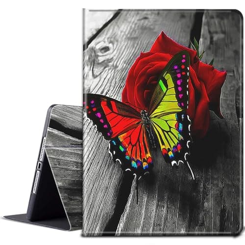 for Fire HD 10 Tablet Case 7th/9th Generation 10.1 inch 2017/2019 Release with Adjustable Stand & Auto Wake/Sleep Smart Protect PU Leather Cover Tablet Case - Red Rose Flowers and Colorful Butterflies