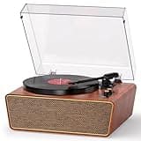 MANGOSTAN High Fidelity Belt-Driven Turntable with Built-in Speakers, 3-Speed Vinyl Record Player, USB to PC Recording, Bluetooth Wireless Playback, RCA Output, Aux-in, Auto Stop, Classic Walnut