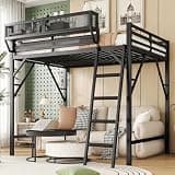 FUvellamo Metal Queen Size Loft Bed with Storage Shelves,4-Step Ladder and Guardrails,Heavy Duty High Loft Bed Frame Queen with Under-Bed Space,Easy Assembly for Bedroom,Black