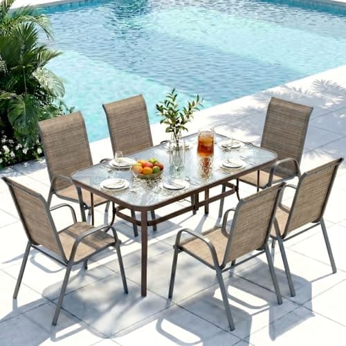 Arlopu 7-Piece Outdoor Table and Chairs for 6, Outdoor Dining Set W/Rectangle Glass Table and Patio Textilene Stackable Chairs, Patio Furniture Set W/Umbrella Hole (Brown Table & Brwon Chair)