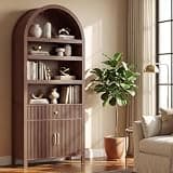 Wovenbyrd Book Shelf 70" Tall Bookcase with Drawer, 7-Tier Arched Cabinet with Storage and Fluted Door, Mid-Century Modern Modular Arch Bookshelf for Office Living Room Bedroom Library (Walnut)
