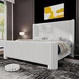 Ihanherry Queen Size Bed Frame with Faux-Fur Curved Wingback Headboard & Footboard, Upholstered Bed Frame with Removable & Washable Cover,Noise Free & Easy Assembly, No Box Spring Needed, White