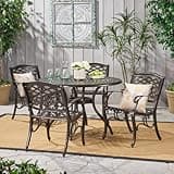 Hassyee 5 Pieces Outdoor Dining Set with Round Table for Balcony, Aluminium Chairs and Table Set with Umbrella Hole and Curved Legs for Poolside, Backyard, Garden, Lawn