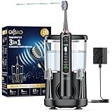 Electric Toothbrush with Water Flosser Combo, 3-in-1 Sonic Flossing Toothbrush and Dental Water Flosser for Teeth Cleaning, Gum Care, Braces, Bridges, Adults, 5 Brush Modes, 500ML, Black