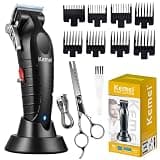 KEMEI Professional Hair Clipper for Men, Cordless & Corded, T-Blade, 8 Guide Combs, 2500mAh Battery, Low Noise, Barber Kit