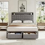 OLIXIS Full Size Bed Frame with Headboard, Upholstere Platform Bedframe with 2 Fabric Underbed Storage Drawers, Mattress Foundation with Wooden Slats Support, No Box Spring Needed/Easy Assembly, Grey