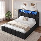 ADORNEVE Queen Size Platform Bed Frame with LED Lights, Chenille Upholstered Platform Bed with Charging Station, Thickened Foam Cushioned, Rounded Corners Design, No Box Spring Needed, Black