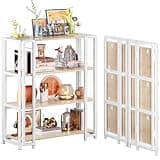 UDD 4 Tier Wide Folding Bookshelf No Tools Assembly, 34.5" H x 30.9" W, Foldable Book Shelf Vintage Collapsible Bookcase, Industrial Storage Shelves for Bedroom Office Living Room, Light Oak White