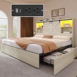 YITAHOME Farmhouse King Size Bed with 50" Tall Storage Bookcase Headboard, Sliding Barn Door, 4 Storage Drawers, RGB LED Bed Frame w/Type-C&USB Charging Station, No Box Spring Needed Antique White