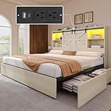 YITAHOME Farmhouse King Size Bed with 50" Tall Storage Bookcase Headboard, Sliding Barn Door, 4 Storage Drawers, RGB LED Bed Frame w/Type-C&USB Charging Station, No Box Spring Needed Antique White