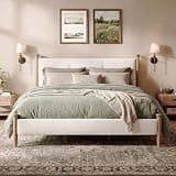 Merax Vintage King Boucle Fabric Upholstered Bed Frame, High-Back Design Platform Bed with Tufted Headboard & Solid Wood Legs, Light Ash + Off White