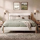 Merax Vintage King Boucle Fabric Upholstered Bed Frame, High-Back Design Platform Bed with Tufted Headboard & Solid Wood Legs, Light Ash + Off White