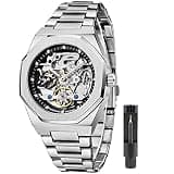 Fashion Silver Mens Watches Top Brand Luxury Automatic Mechanical Stainless Steel Fashion Business Skeleton Wristwatch