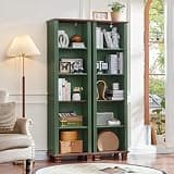 SAVOR LIFE 69" Tall Narrow Book Shelf, Wood Skinny Bookshelf with Adjustable Shelves & Wooden Legs, Farmhouse Bookcase w/5-Tier Storage, Free Standing Bookshlves for Office, Living Room, Green, 2PCS