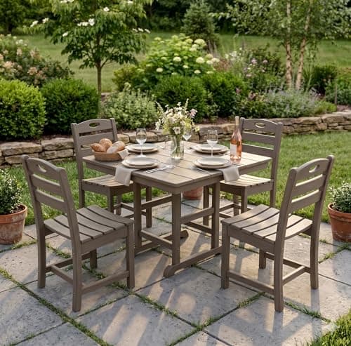 FUQIAOTEC Outdoor 5-Piece HDPE Patio Dining Set, 37.8 Inch Square Table with 4 Chairs, All-Weather Weather Resistant Bistro Set for Patio Balcony Backyard Garden, Antique Brown