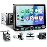 7 Inch Single Din Car Stereo with Wired/Wireless CarPlay Android Auto,Adjustable Swivel IPS Touch Screen Car Radio,Physical Buttons,Mirror Link,AM/FM,Bluetooth 5.2,SWC,Backup Camera&External Mic