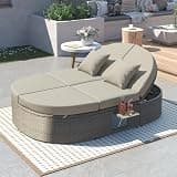 2-Person Outdoor Daybed with Adjustable Height, Foldable Trays, and Cushions - PE Rattan and Iron Frame