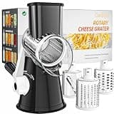 Cambom Rotary Cheese Grater Hand Crank Cheese Shredder for Fresh Cheese, Vegetable, Nuts,Non-slip Suction Base, Three Blades, Black